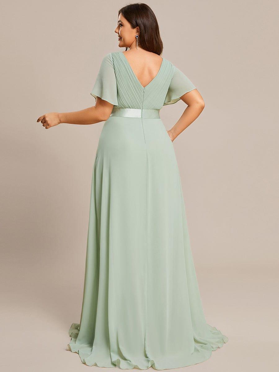pretty MONICA|Plus Size Empire Waist V Back Bridesmaid Dress with Short Sleeves