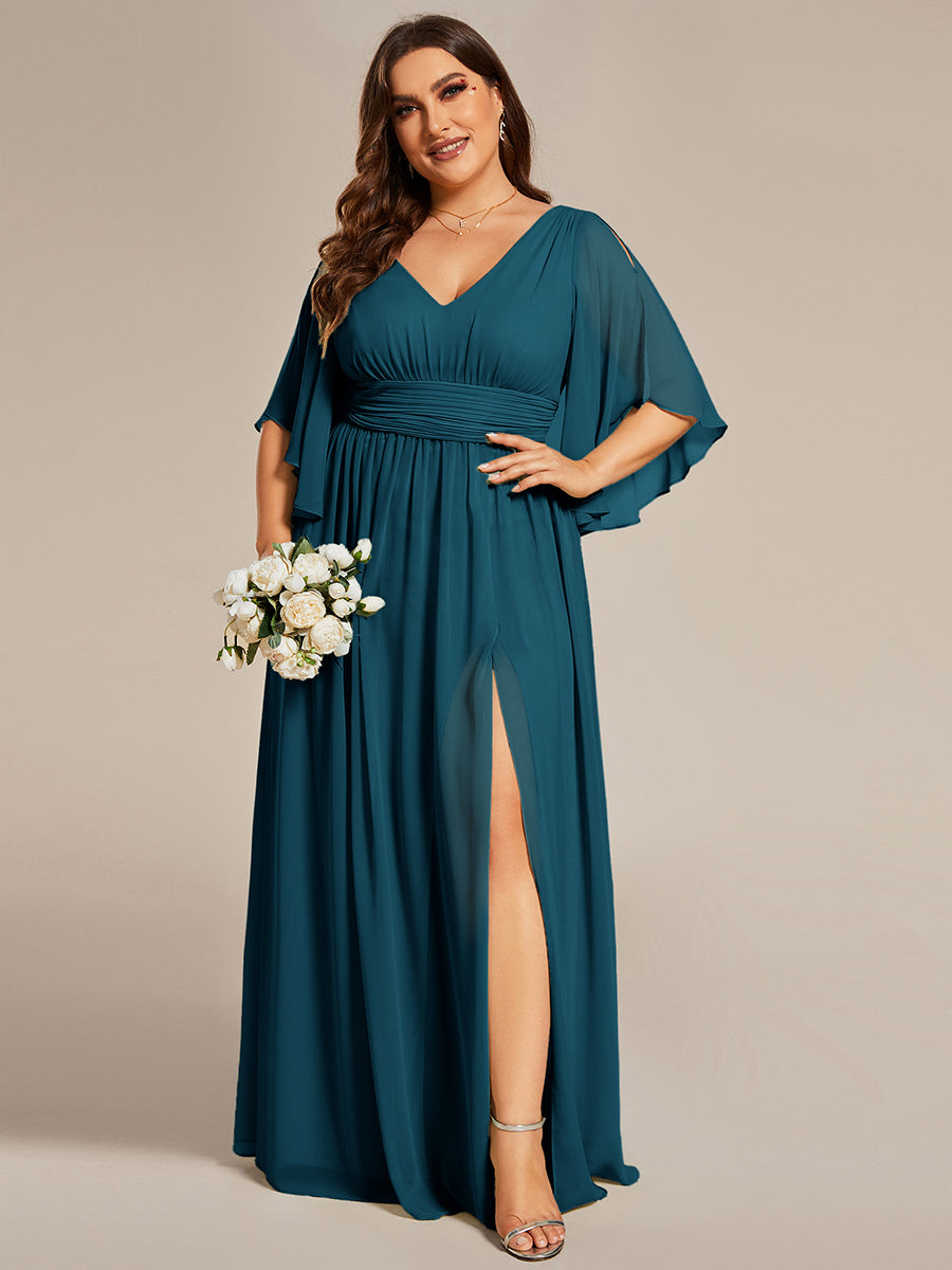 pretty ELYAN|Plus Size Printed Half Sleeve Pleated A-Line Chiffon Wedding Guest Dress
