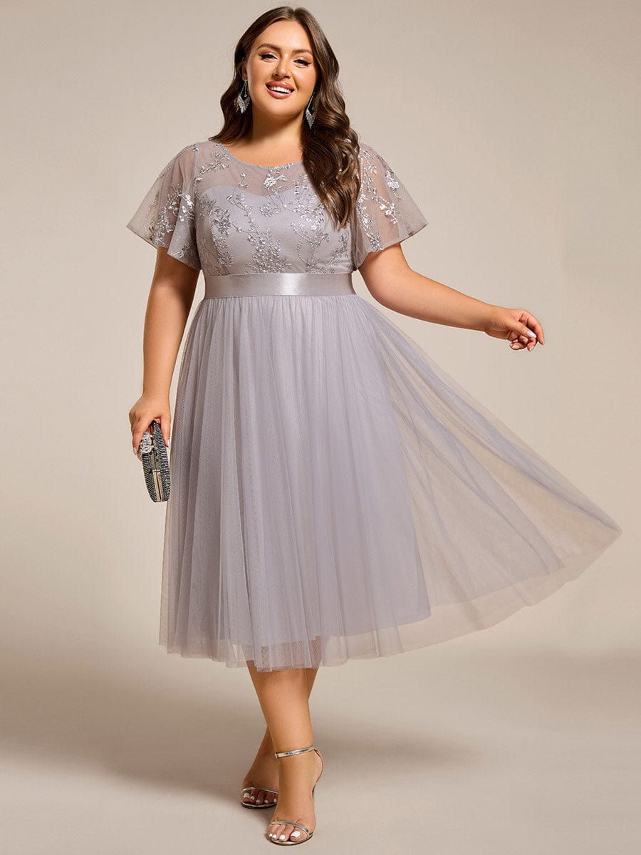 pretty MARA|Plus Size Round Neckline Embellished Tulle Midi Bridesmaid Dress