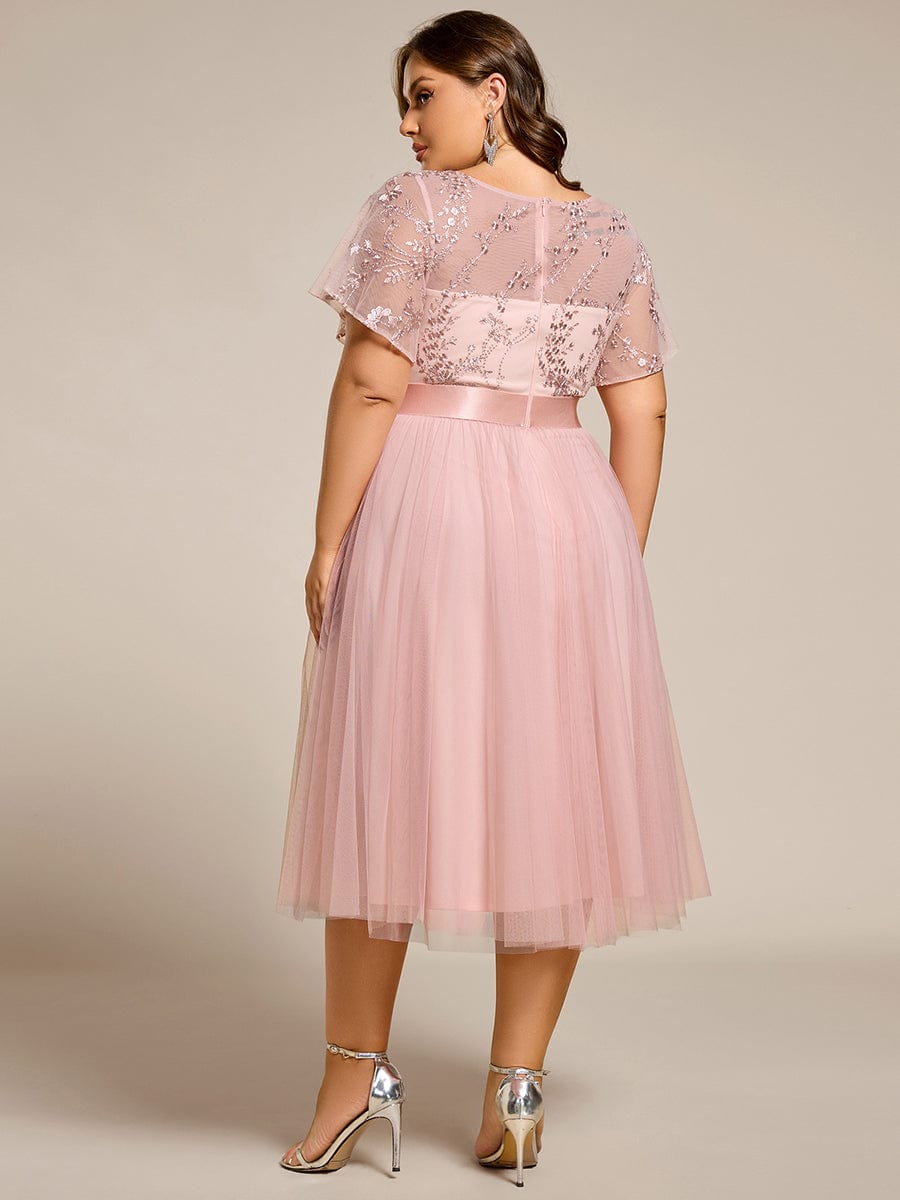 pretty MARA|Plus Size Round Neckline Embellished Tulle Midi Bridesmaid Dress
