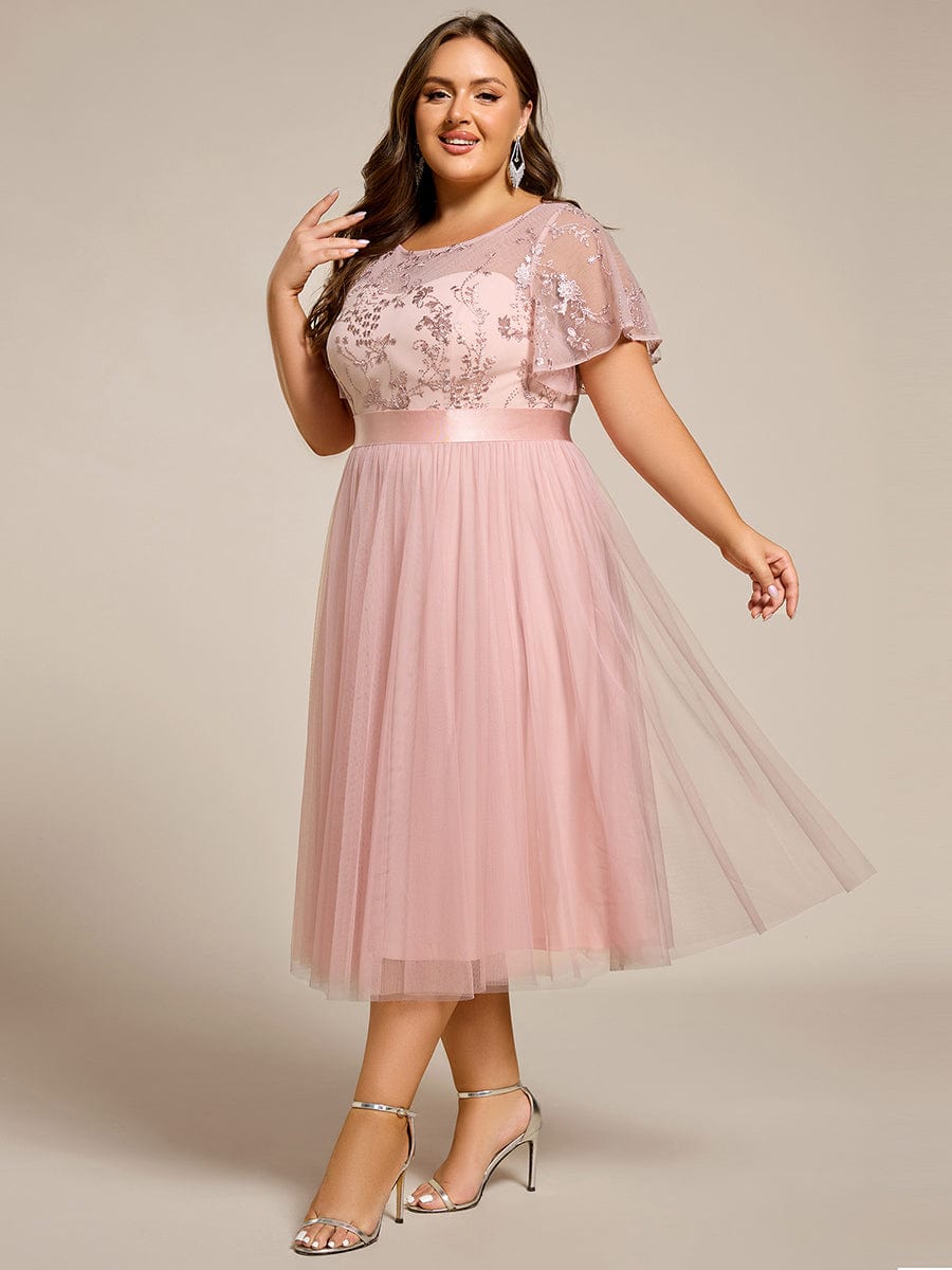 pretty MARA|Plus Size Round Neckline Embellished Tulle Midi Bridesmaid Dress