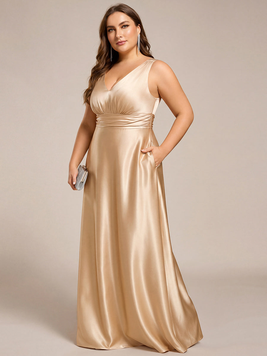 pretty INDY|Plus Size Satin Empire Waist Maxi Bridesmaid Dress with Pockets