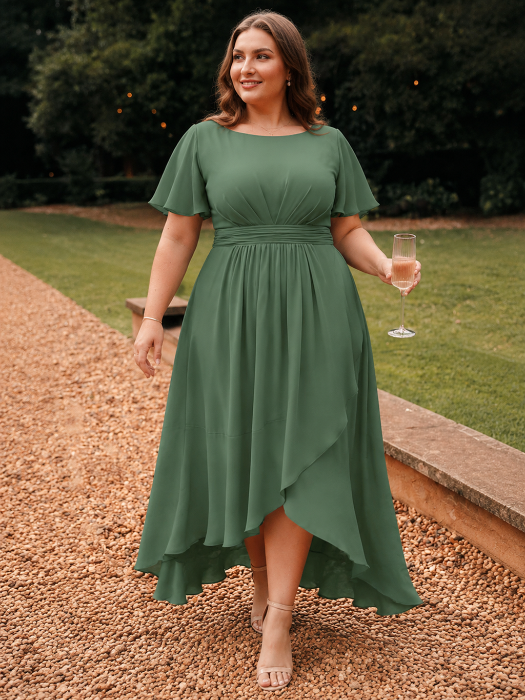 pretty SAGE|Plus Size High-Low Chiffon Wedding Guest Dress