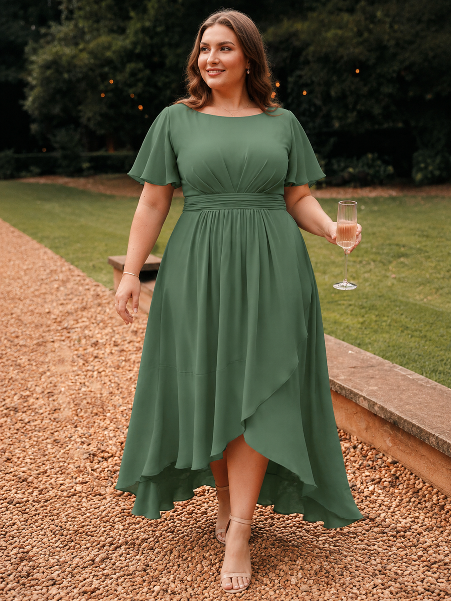 pretty SAGE|Plus Size High-Low Chiffon Wedding Guest Dress
