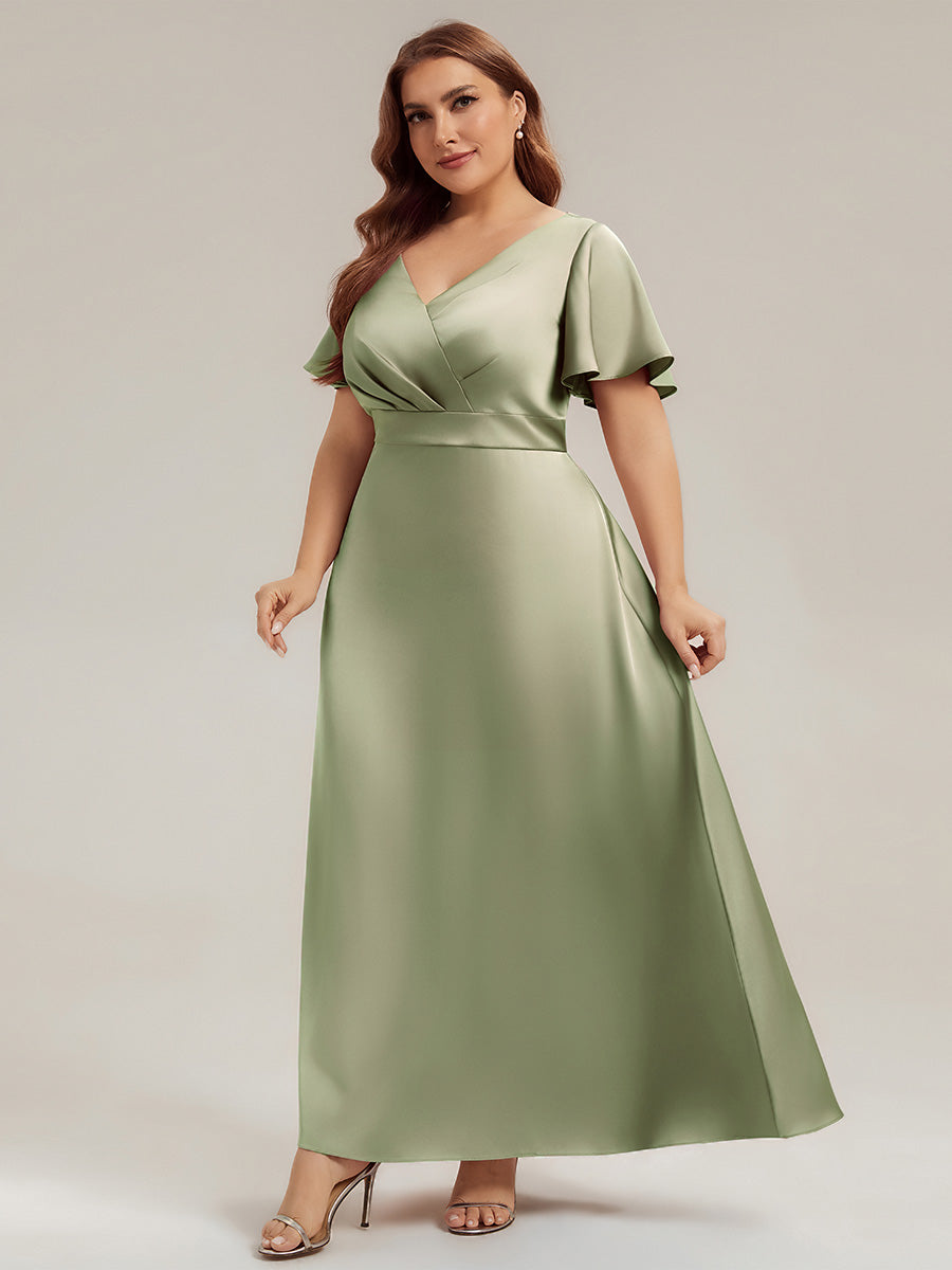Plus Size Satin Ruffle Sleeve Bridesmaid Dress