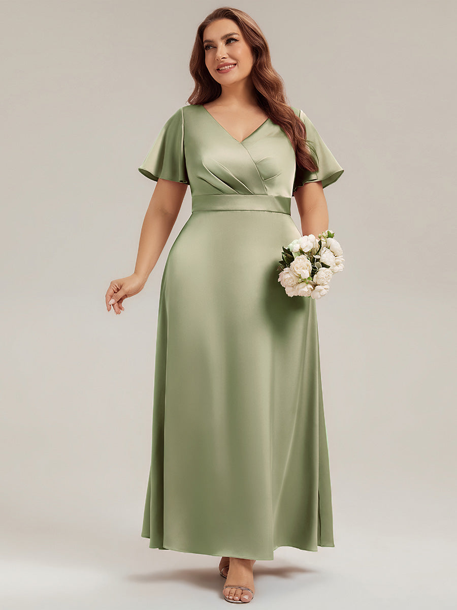 Plus Size Satin Ruffle Sleeve Bridesmaid Dress