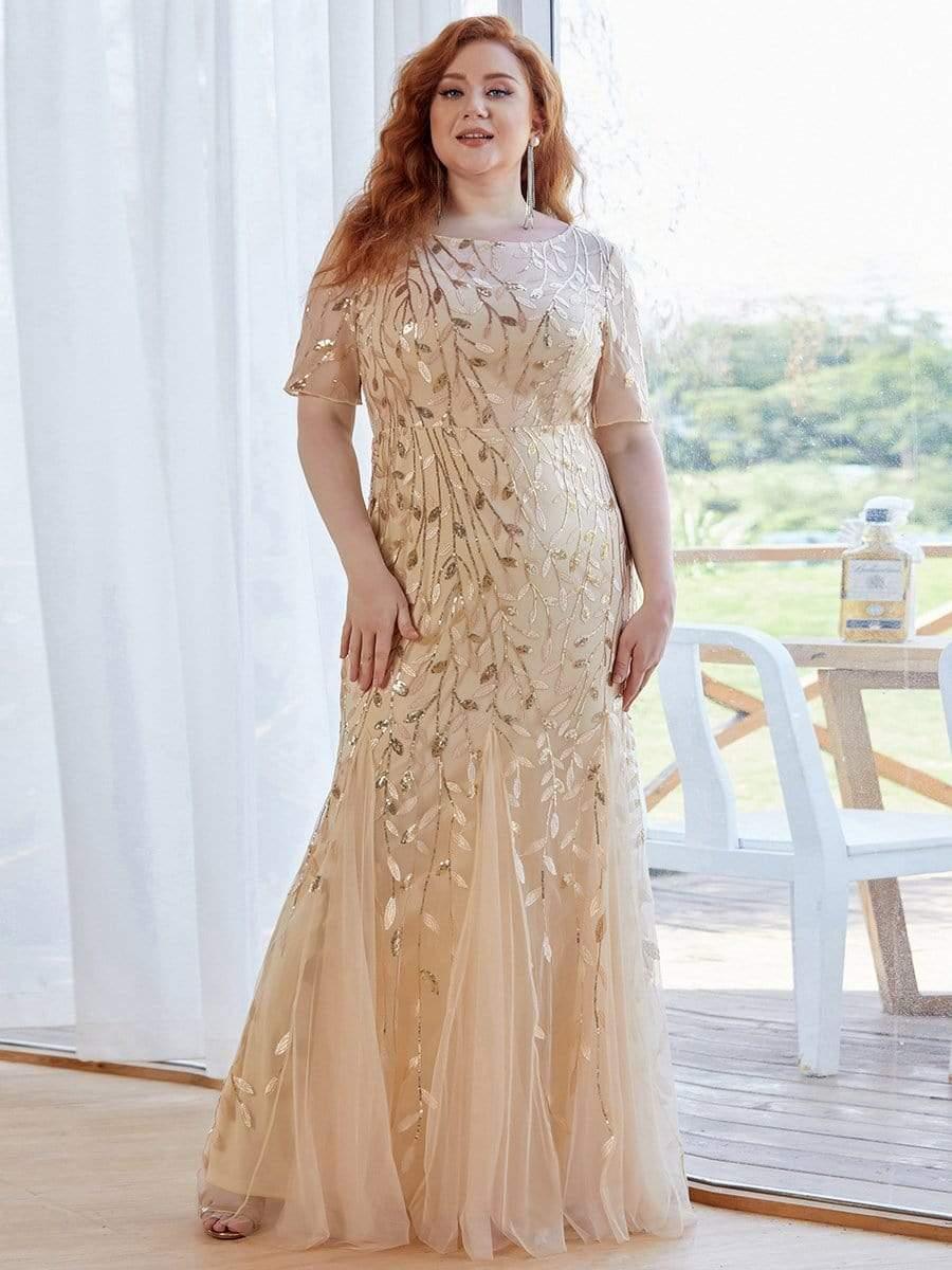 pretty JADEN|Floral Sequin Print Plus Size Mermaid Tulle Evening Dress