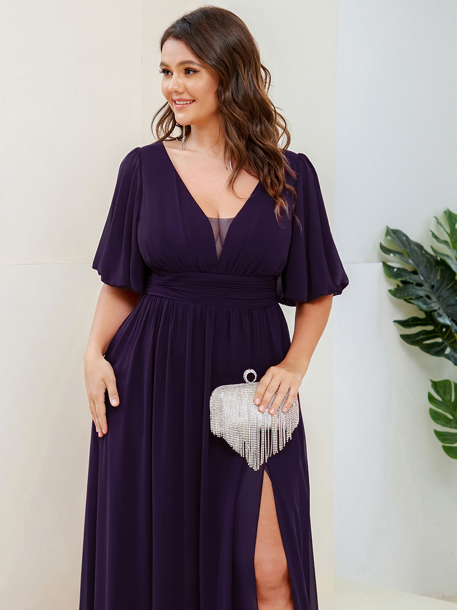 pretty MADISON|Plus Size V-Neck Front Slit Chiffon Evening Dress