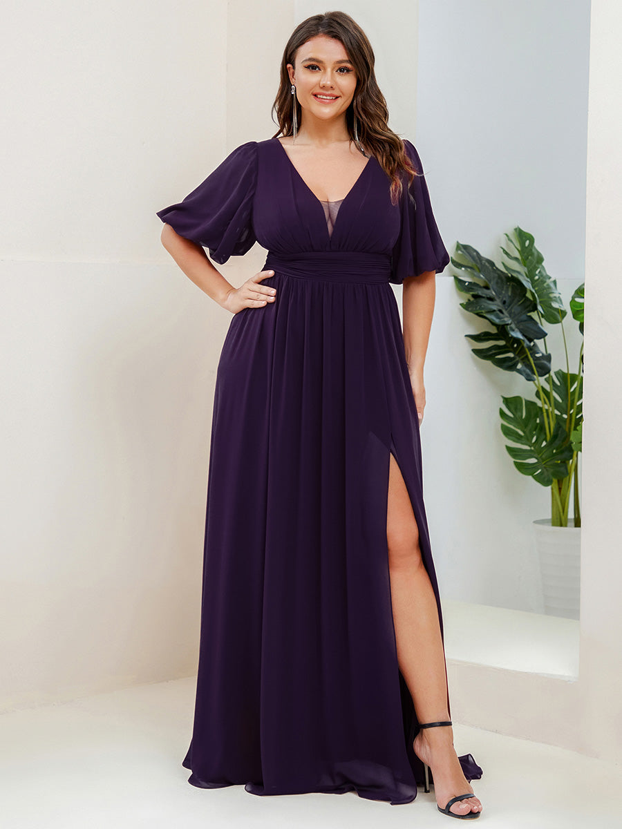 pretty MADISON|Plus Size V-Neck Front Slit Chiffon Evening Dress