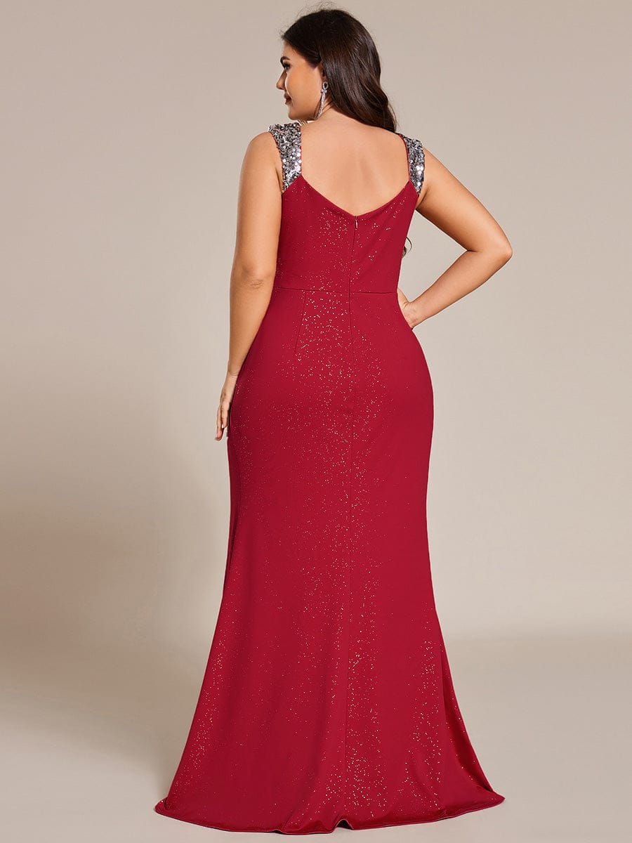 pretty NOIRE|Plus Size Glitter V-Neck High Slit Sequin Shoulder Strap Evening Dress