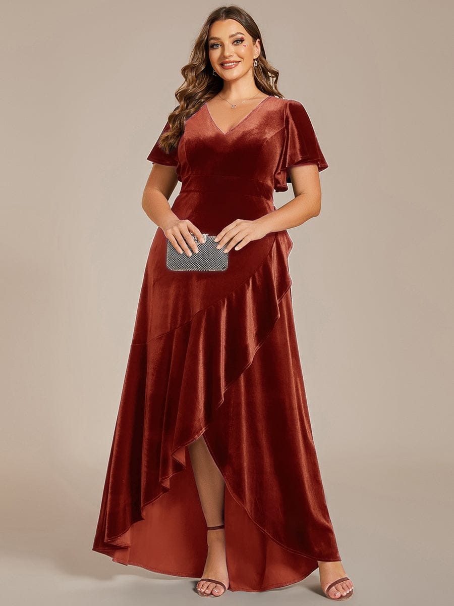 pretty SYLVA|Plus Size Lotus Leaf Hem A-Line V-Neck Ruffles Sleeve Velvet Evening Dress