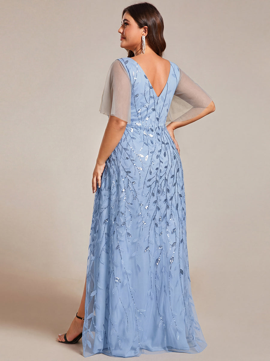 pretty ALIX|Plus Size Short Sleeves Sequin High Low V-Neck Midi Formal Evening Dress