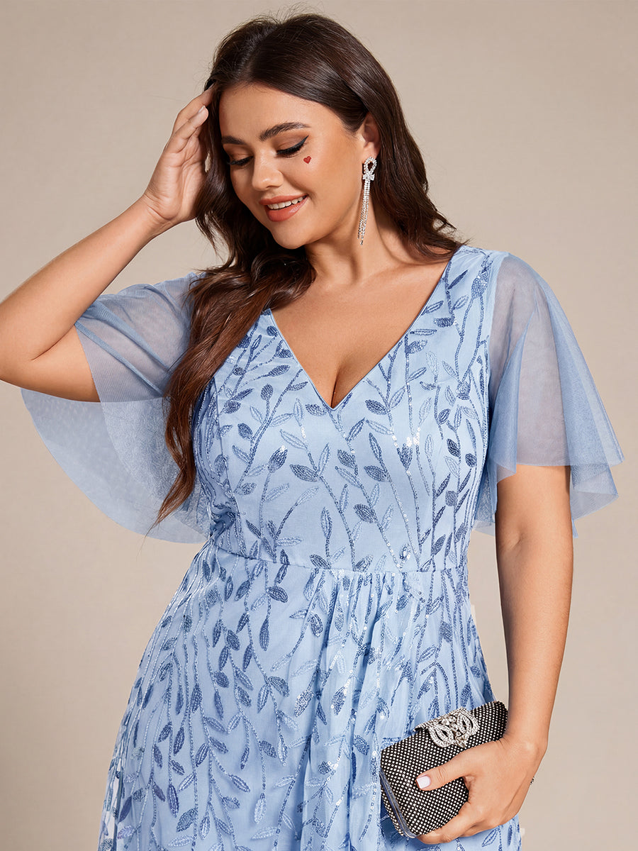 pretty ALIX|Plus Size Short Sleeves Sequin High Low V-Neck Midi Formal Evening Dress