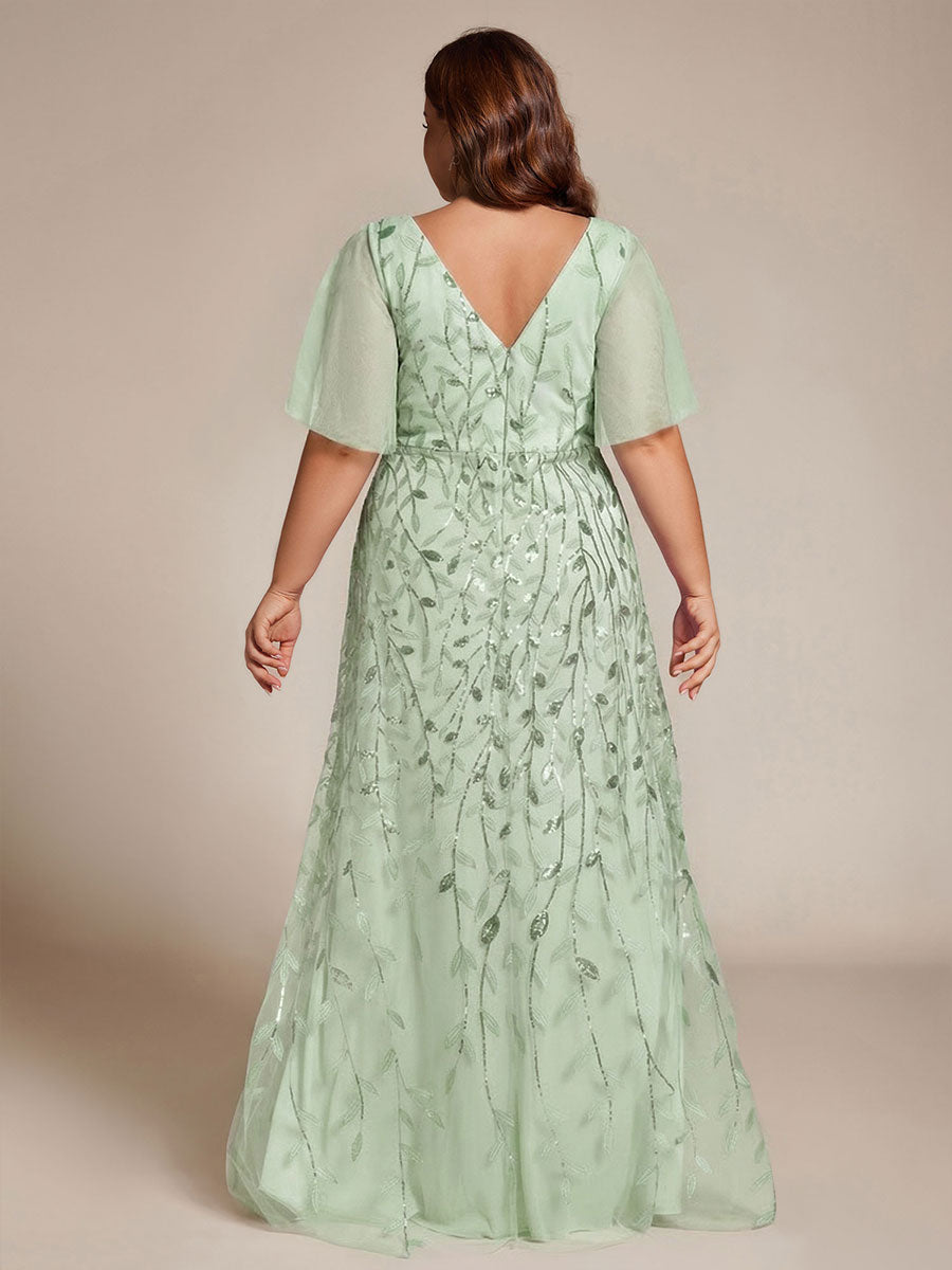pretty ALIX|Plus Size Short Sleeves Sequin High Low V-Neck Midi Formal Evening Dress