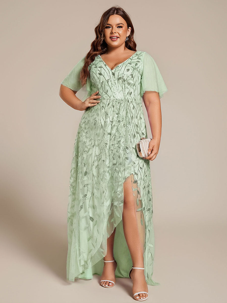 pretty ALIX|Plus Size Short Sleeves Sequin High Low V-Neck Midi Formal Evening Dress