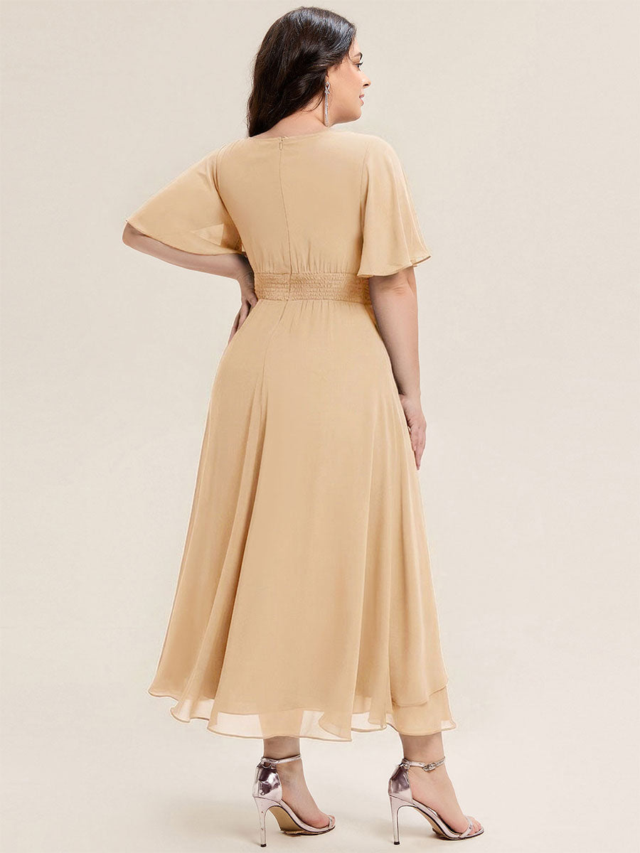 pretty LILOU| Plus Size Pleated Chiffon Ruffle Sleeve Wedding Guest Dress