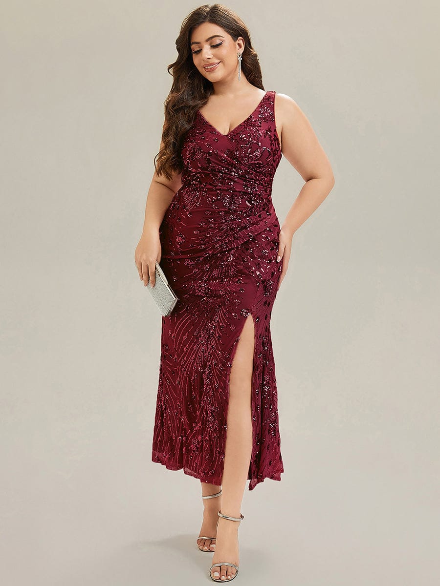 pretty JUNIPER|Plus Size Bodycon Sequin Slit Wedding Guest Dress