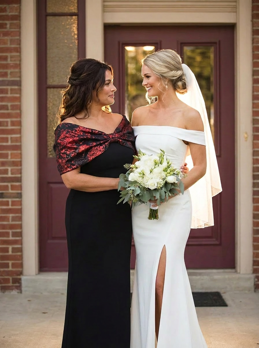 Plus Size Formal Evening Dress with Metallic Jacquard Shawl