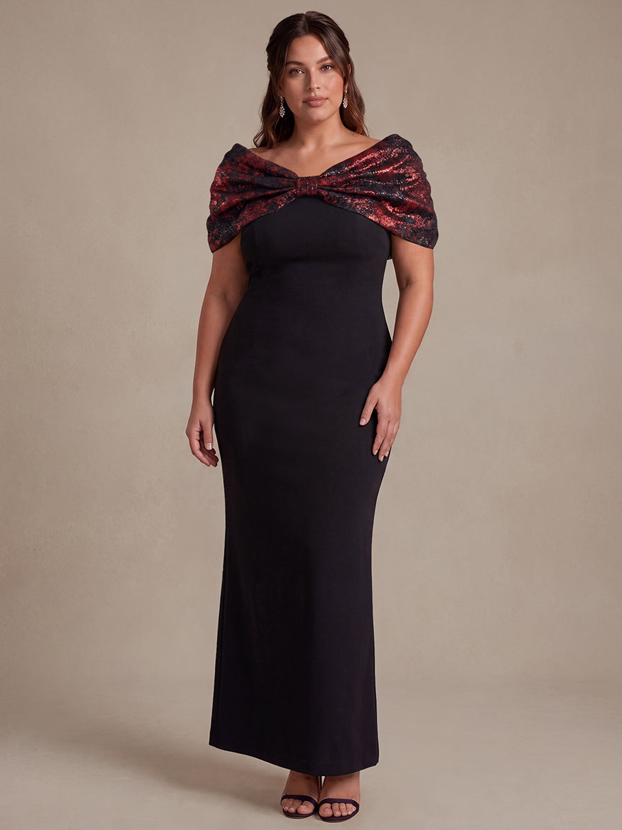 Plus Size Formal Evening Dress with Metallic Jacquard Shawl