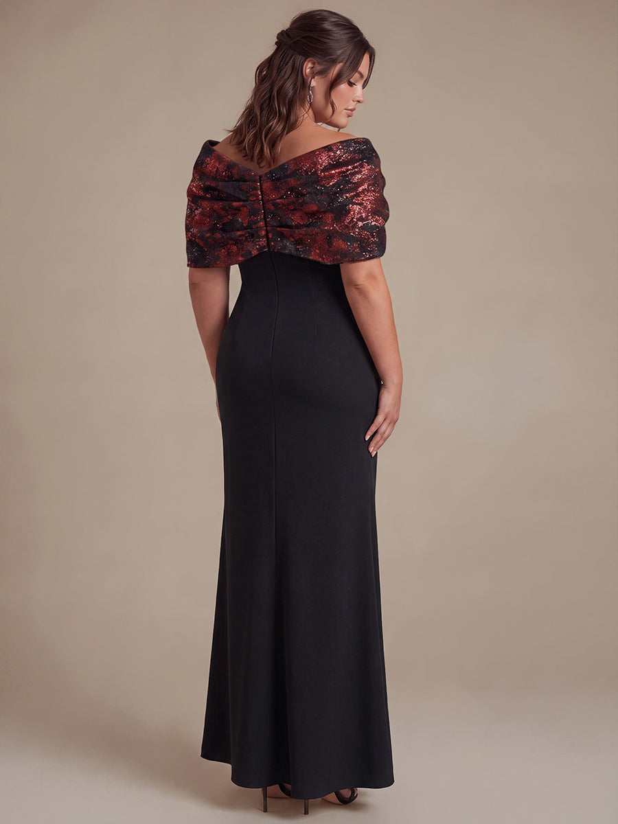 Plus Size Formal Evening Dress with Metallic Jacquard Shawl