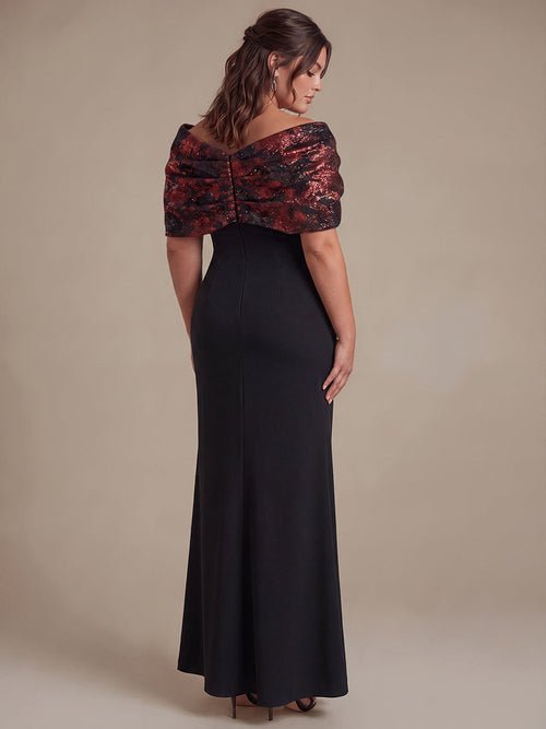 Plus Size Formal Evening Dress with Metallic Jacquard Shawl