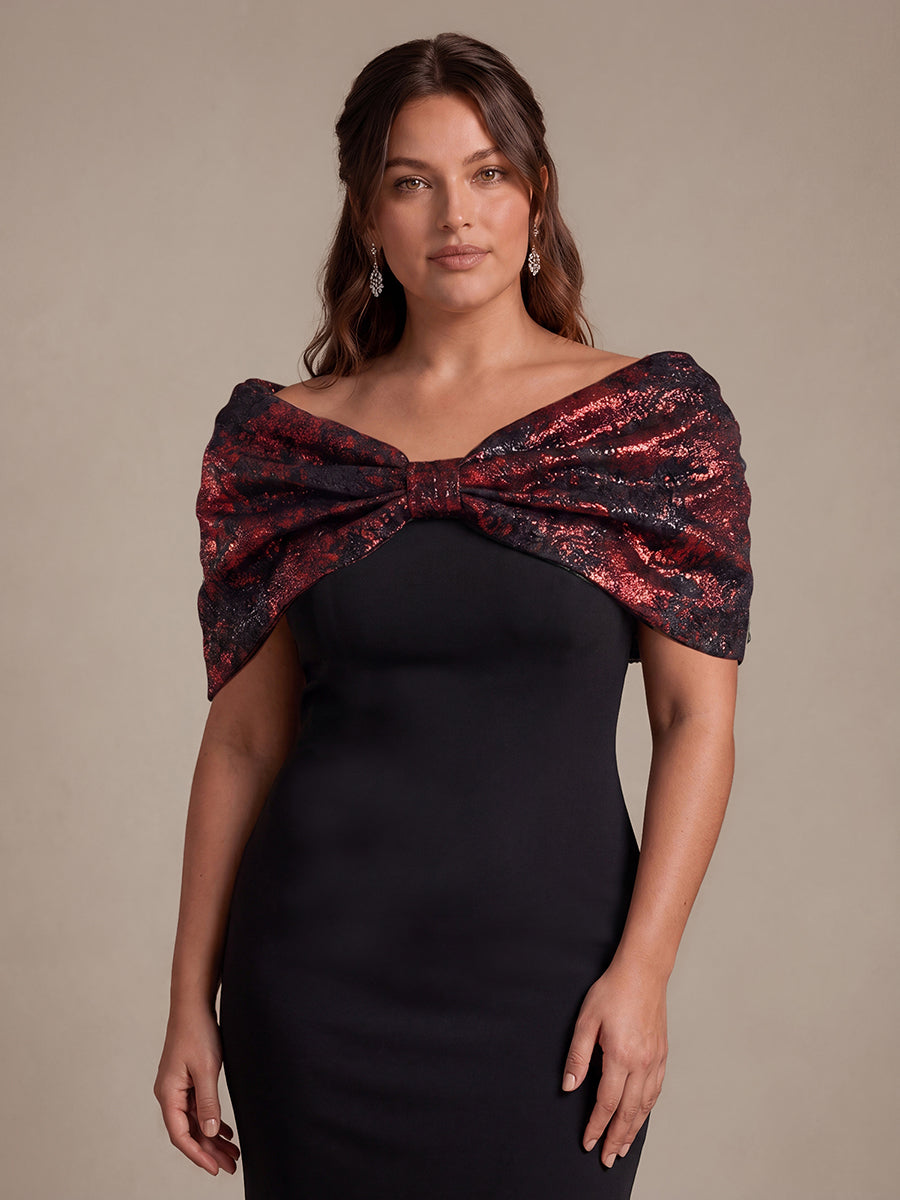 Plus Size Formal Evening Dress with Metallic Jacquard Shawl