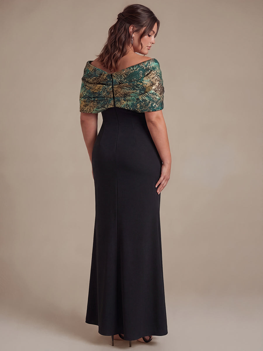 Plus Size Formal Evening Dress with Metallic Jacquard Shawl