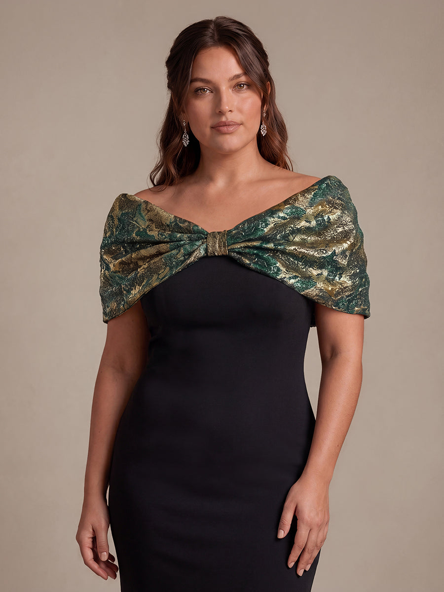 Plus Size Formal Evening Dress with Metallic Jacquard Shawl
