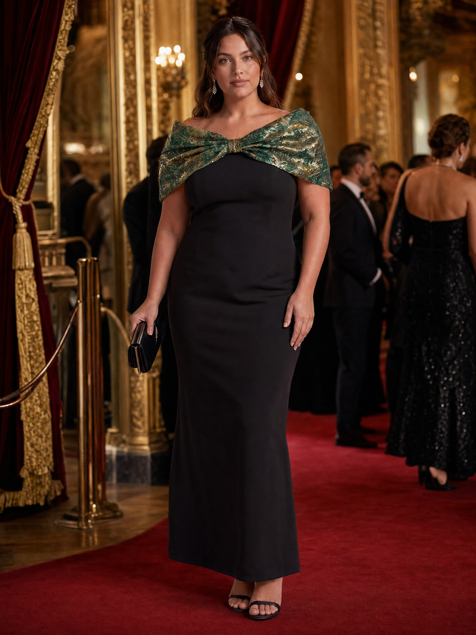 Plus Size Formal Evening Dress with Metallic Jacquard Shawl