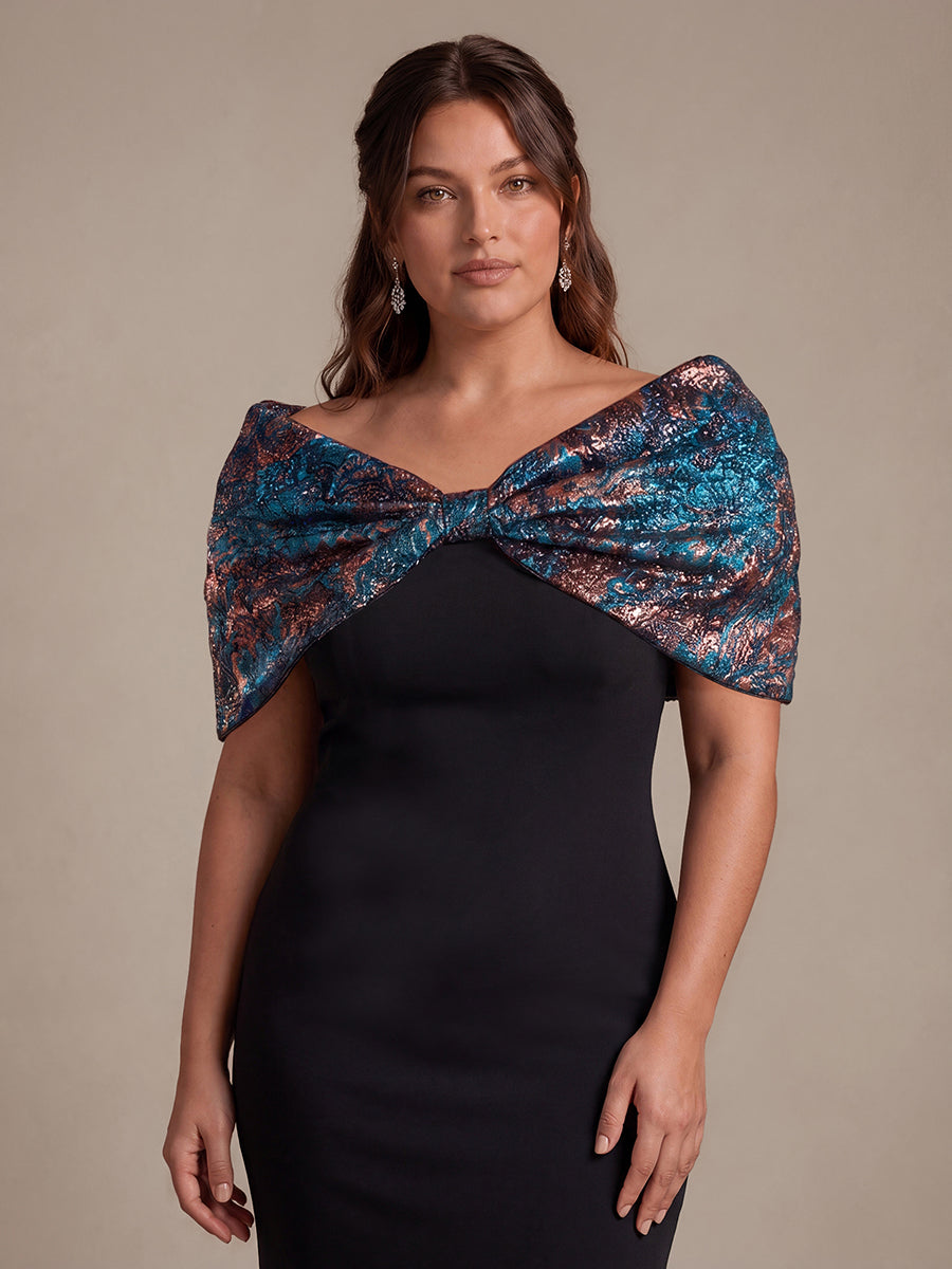 Plus Size Formal Evening Dress with Metallic Jacquard Shawl