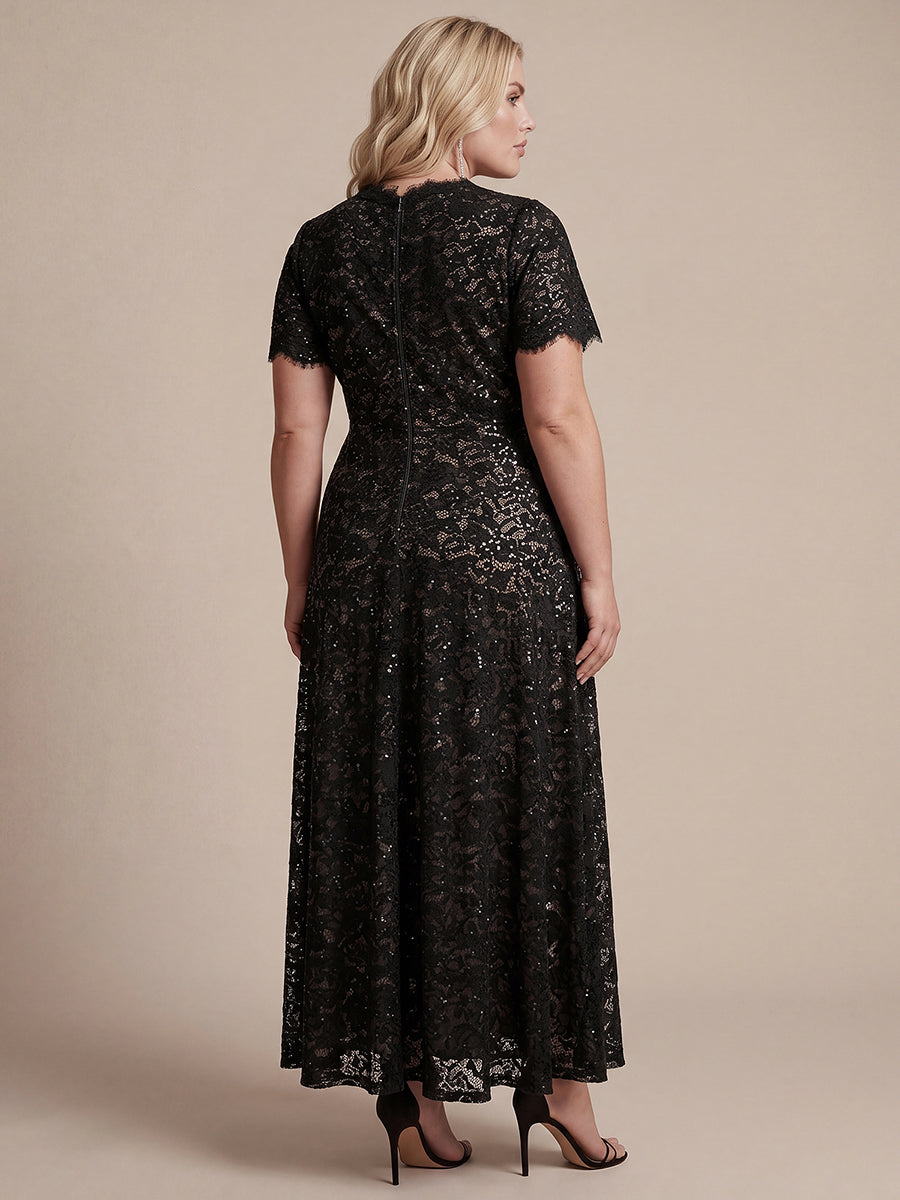 Plus Size Lace Ruffle Sleeve Evening Dress