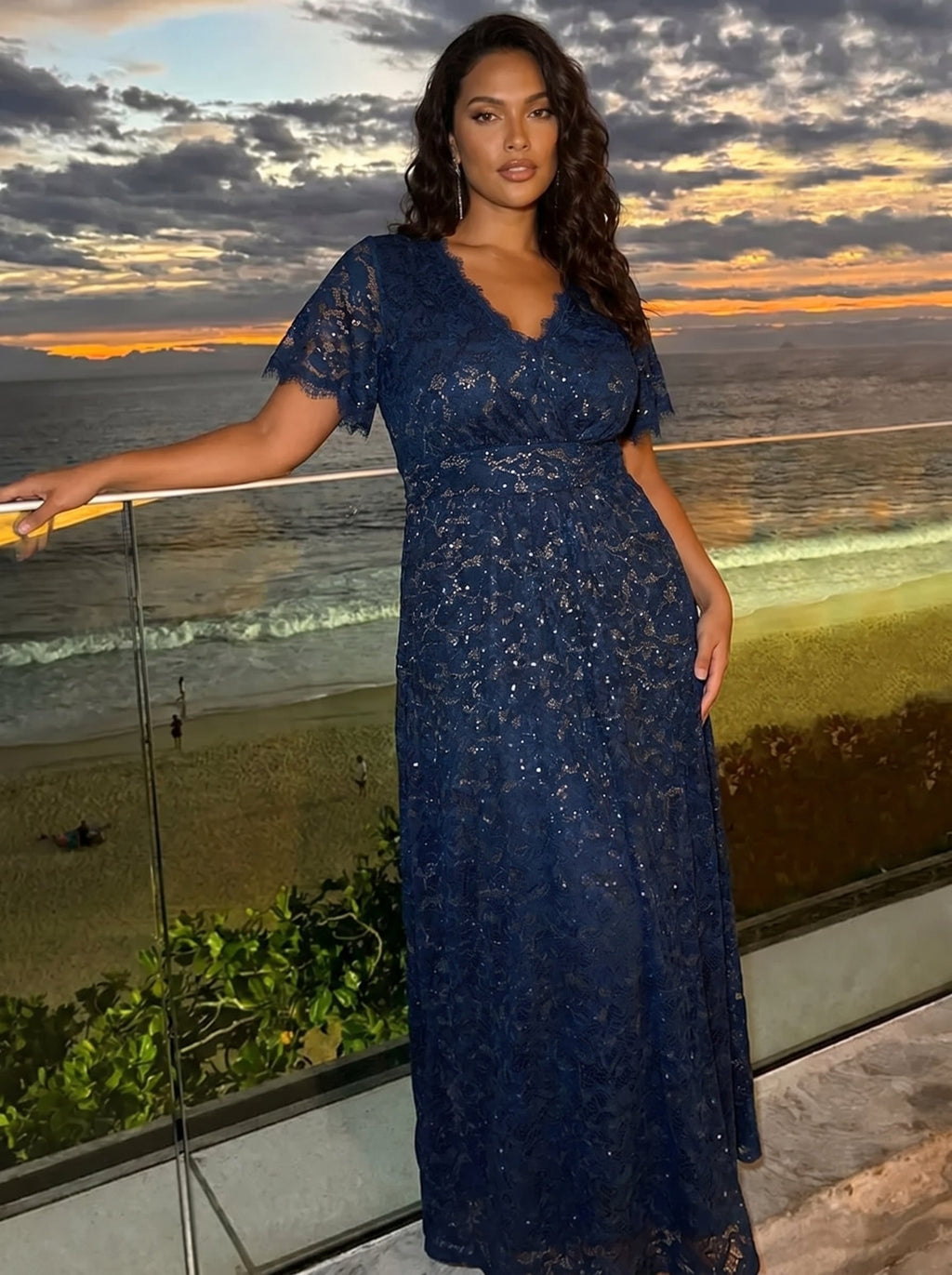 Plus Size Lace Ruffle Sleeve Evening Dress