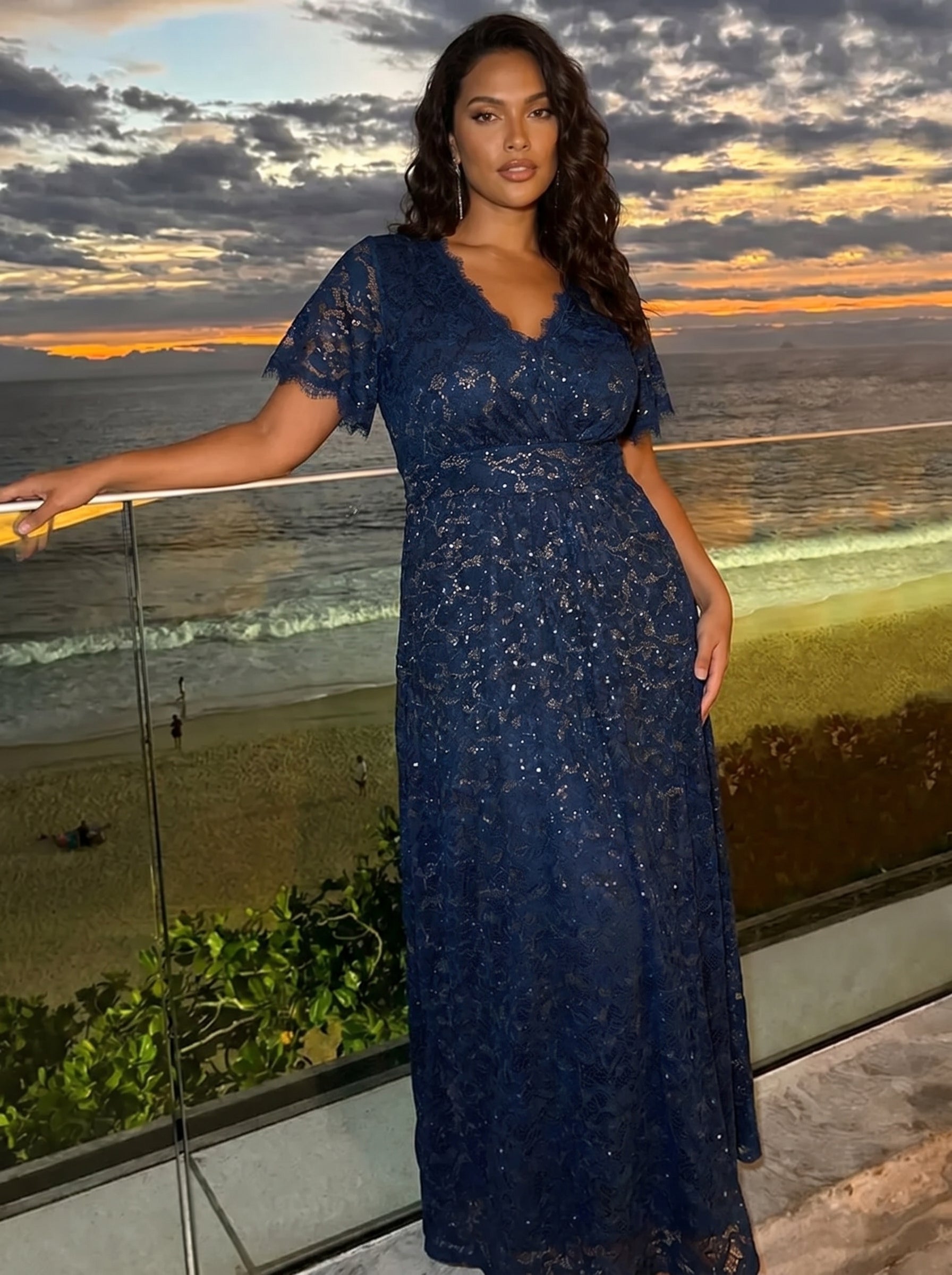 Plus Size Lace Ruffle Sleeve Evening Dress
