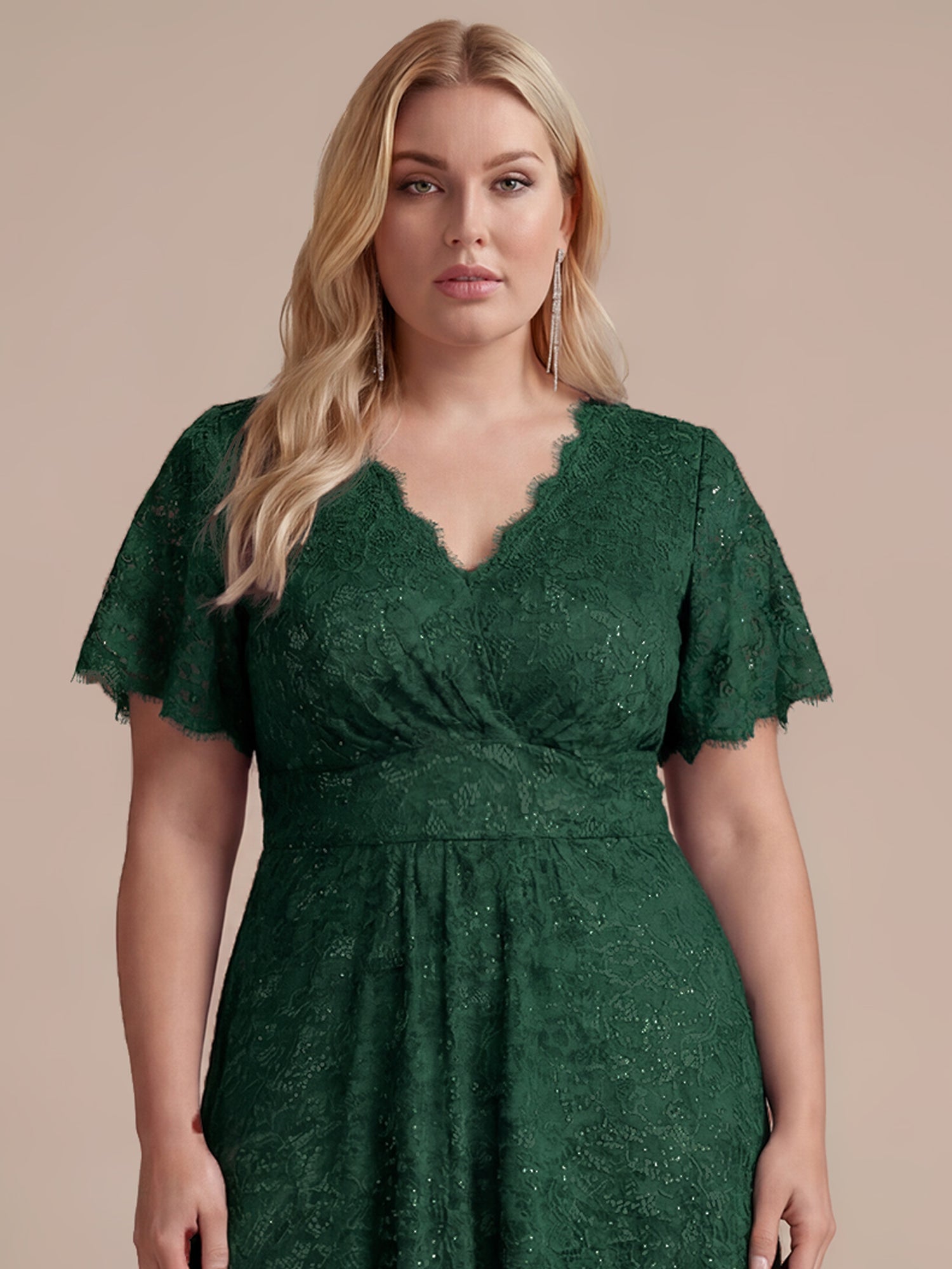 Plus Size Lace Ruffle Sleeve Evening Dress