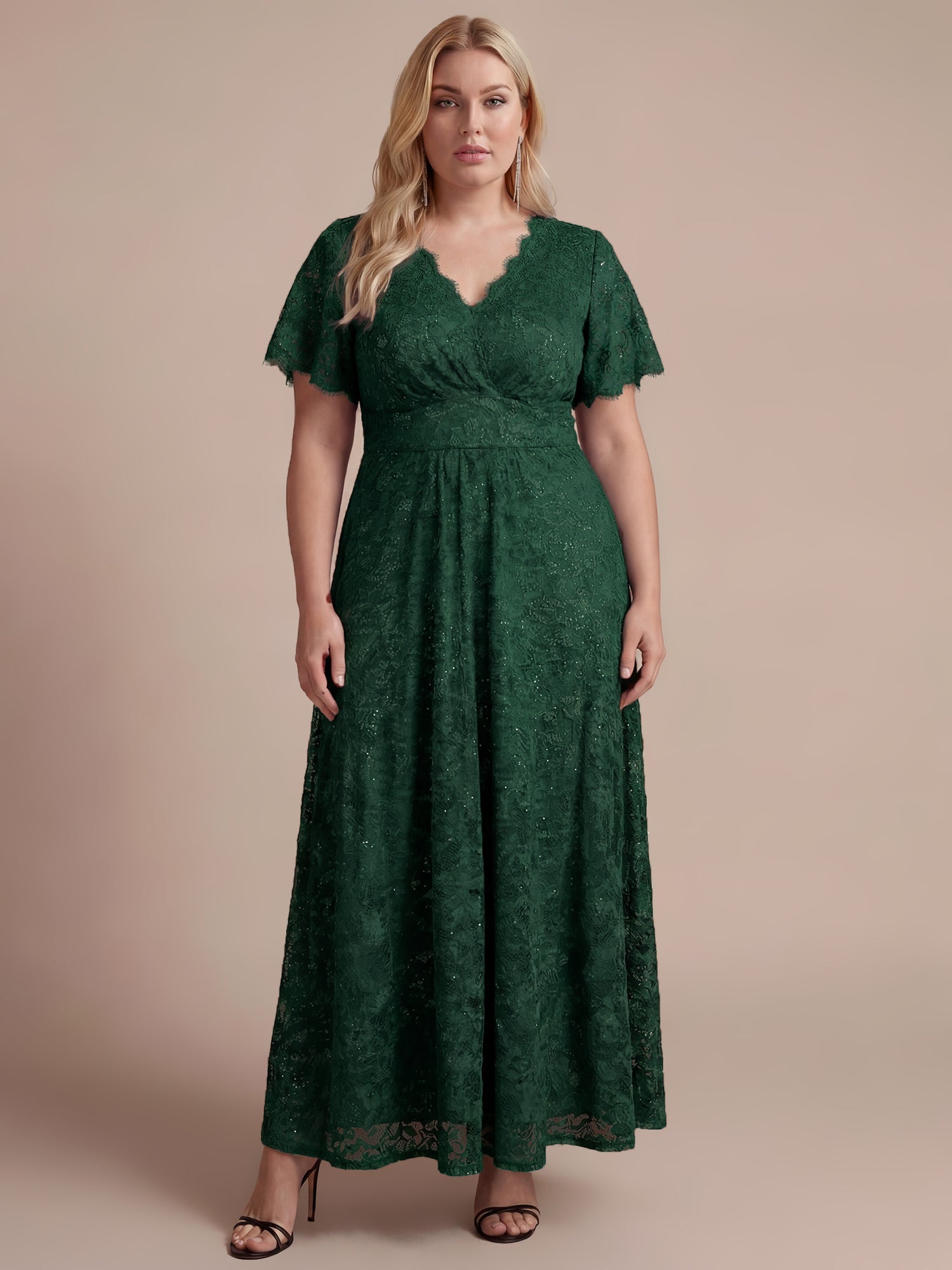 Plus Size Lace Ruffle Sleeve Evening Dress