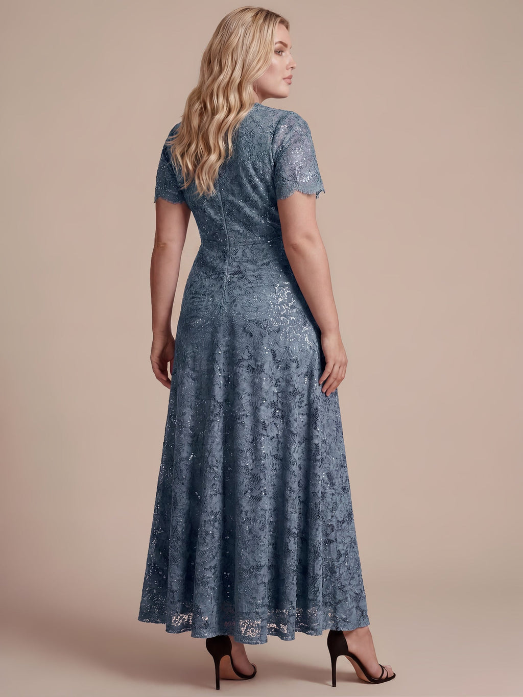 Plus Size Lace Ruffle Sleeve Evening Dress