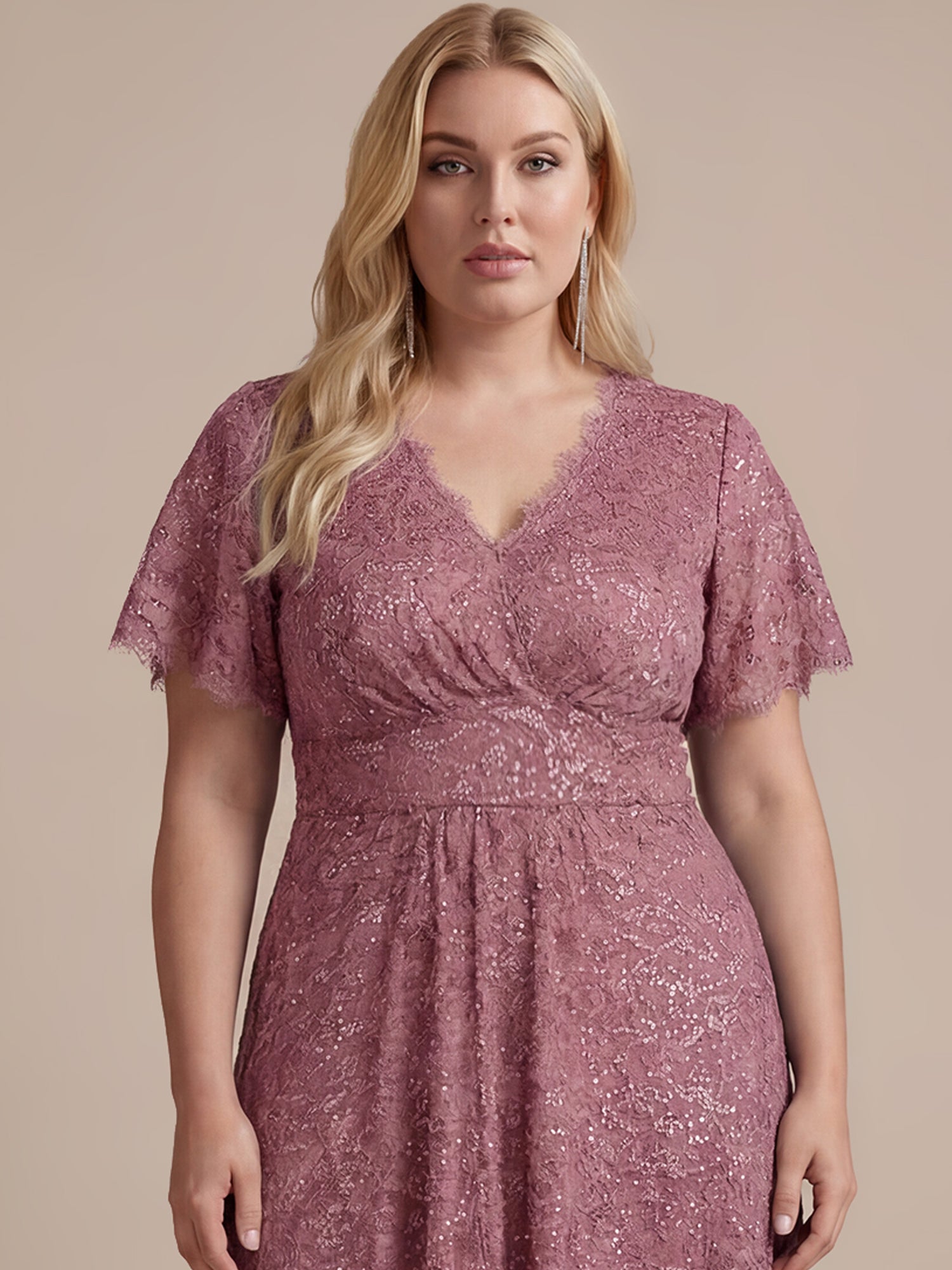Plus Size Lace Ruffle Sleeve Evening Dress