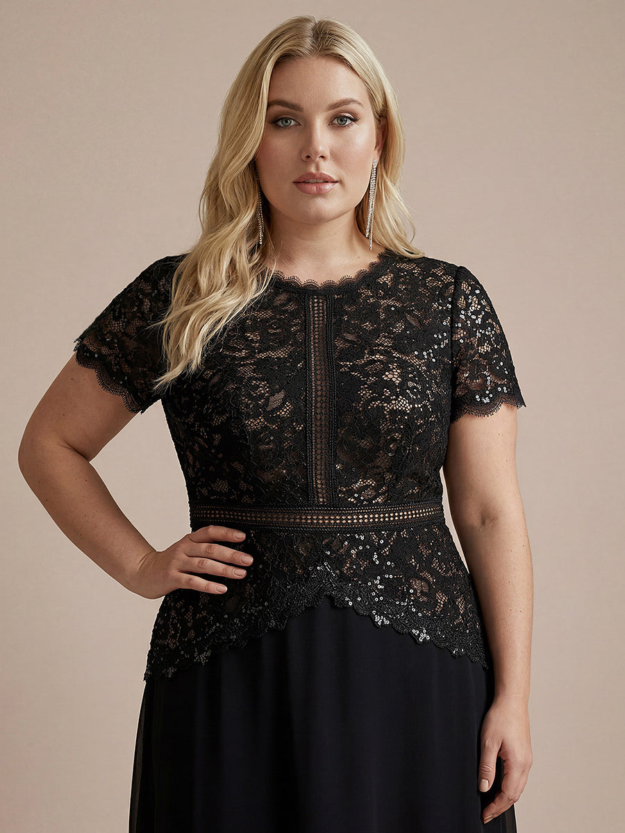 Plus Size Lace Puff Sleeve Evening Dress