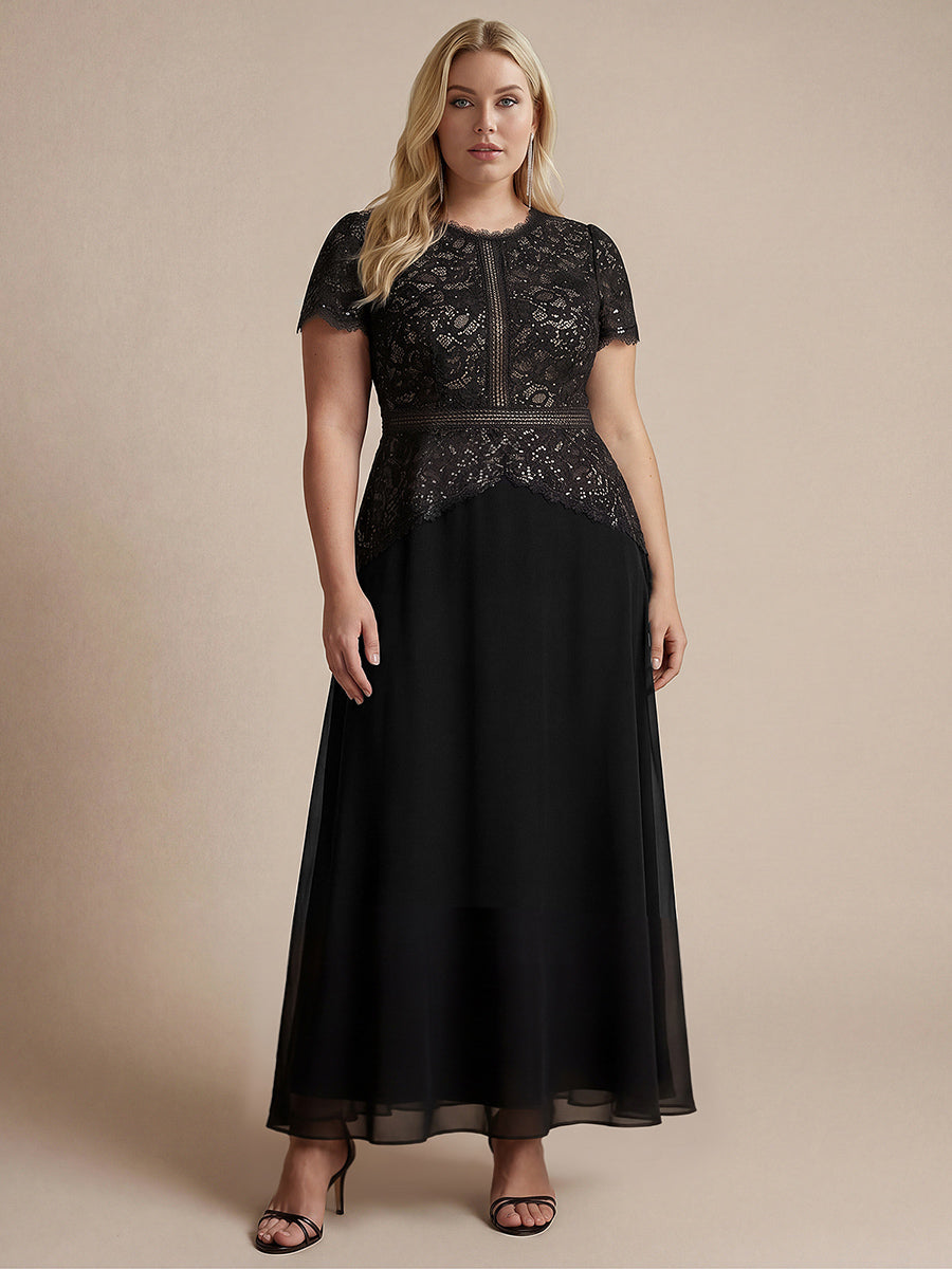 Plus Size Lace Puff Sleeve Evening Dress