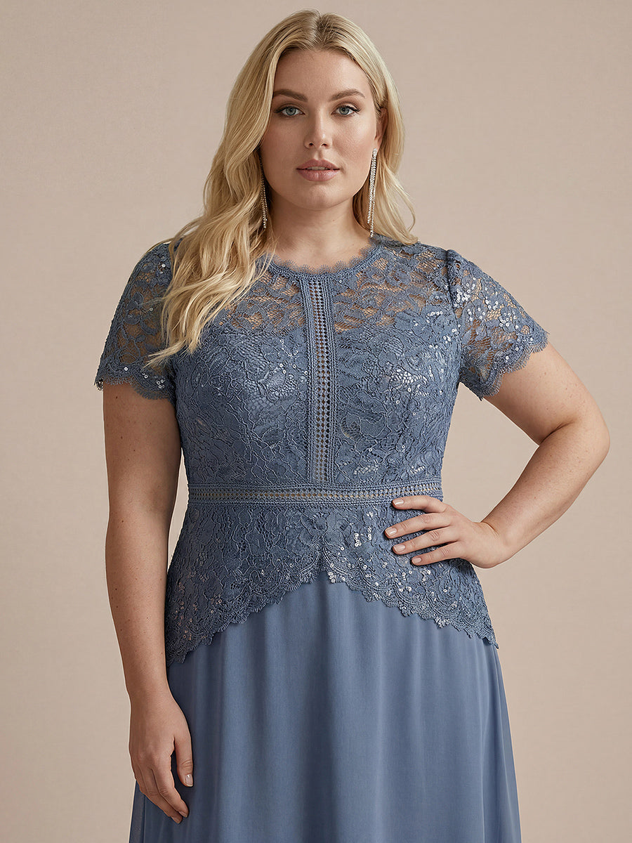 Plus Size Lace Puff Sleeve Evening Dress
