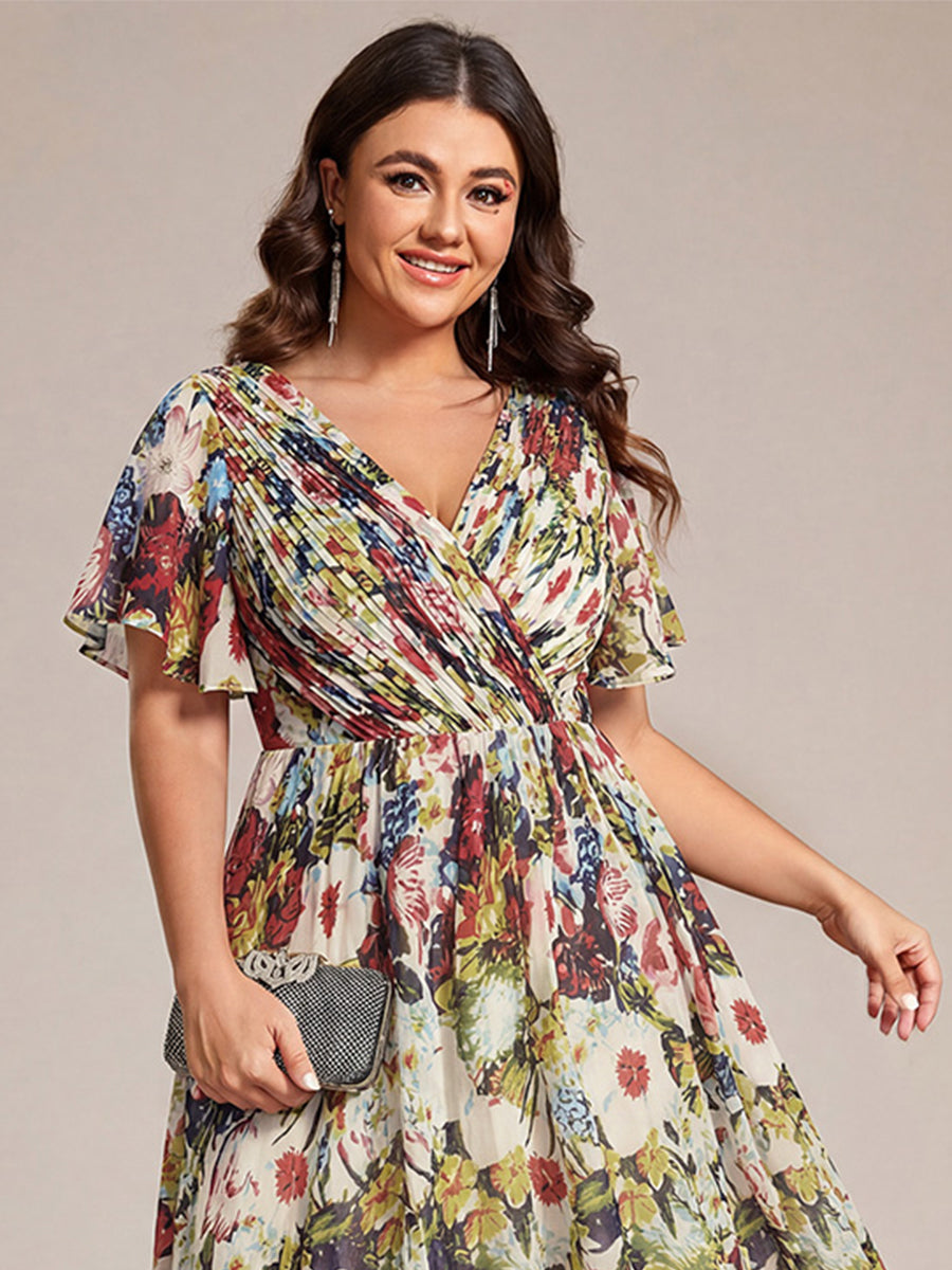 ever FAYE|Plus Size V-Neck Pleated Chiffon Midi Wedding Guest Dress