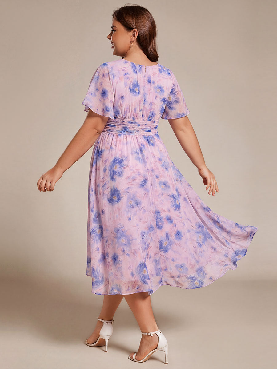 pretty EDEN|Plus Size Pleated Round Neckline A-Line Midi Chiffon Wedding Guest Dress