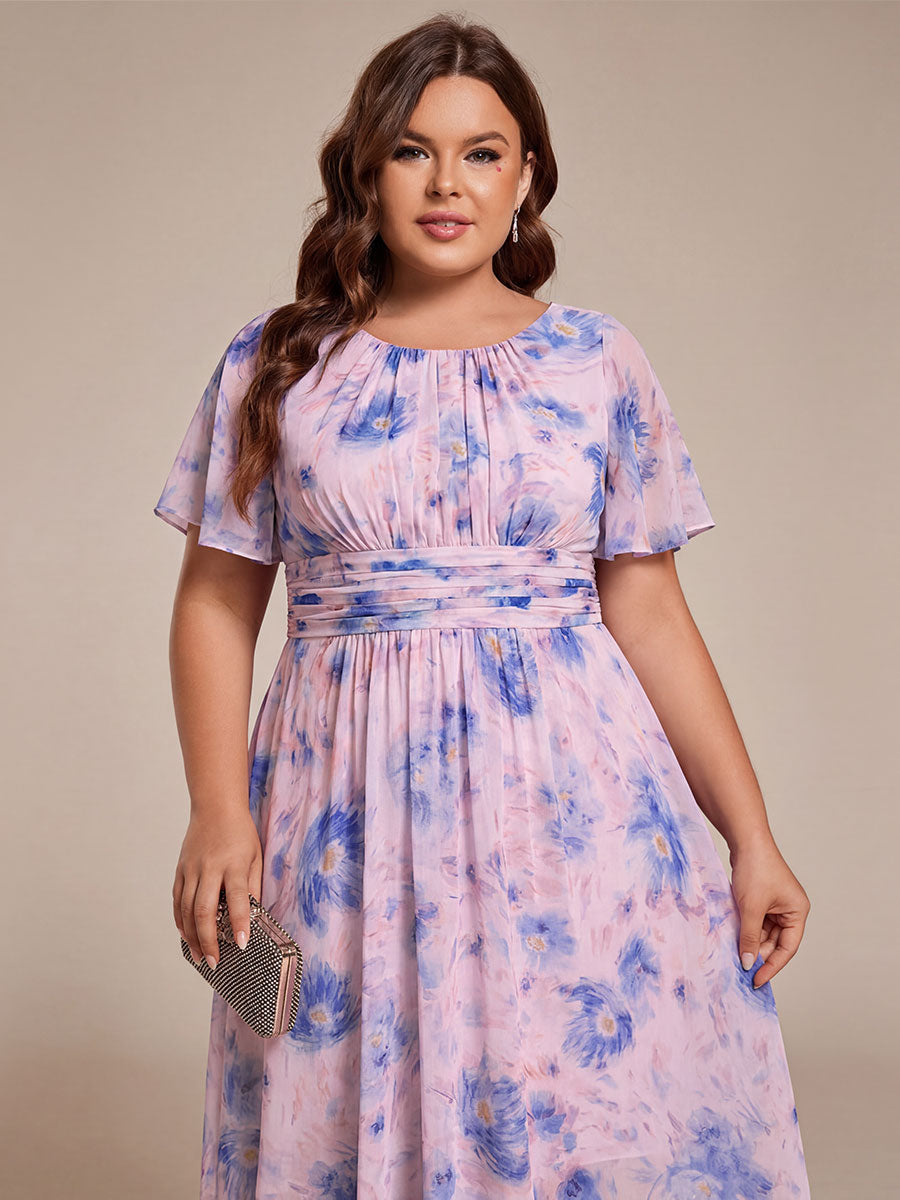 pretty EDEN|Plus Size Pleated Round Neckline A-Line Midi Chiffon Wedding Guest Dress