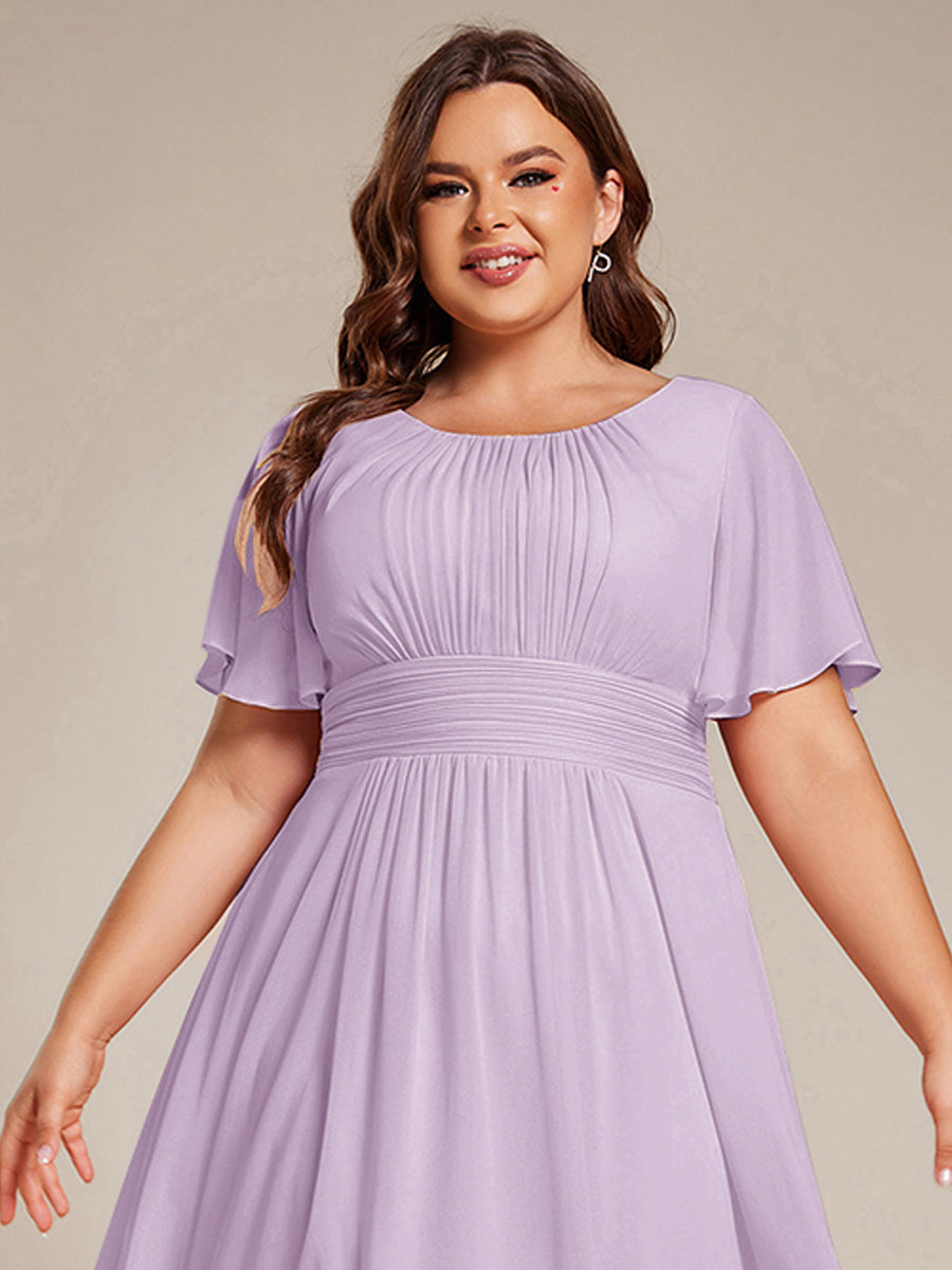 pretty EDEN|Plus Size Pleated Round Neckline A-Line Midi Chiffon Wedding Guest Dress