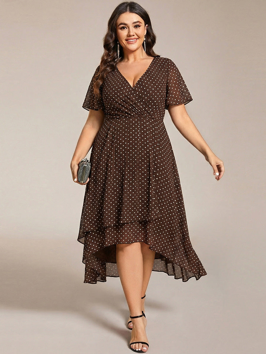 pretty LARK|Plus Size Chiffon Short Sleeves Pleated V-Neck A-Line Midi Wedding Guest Dress