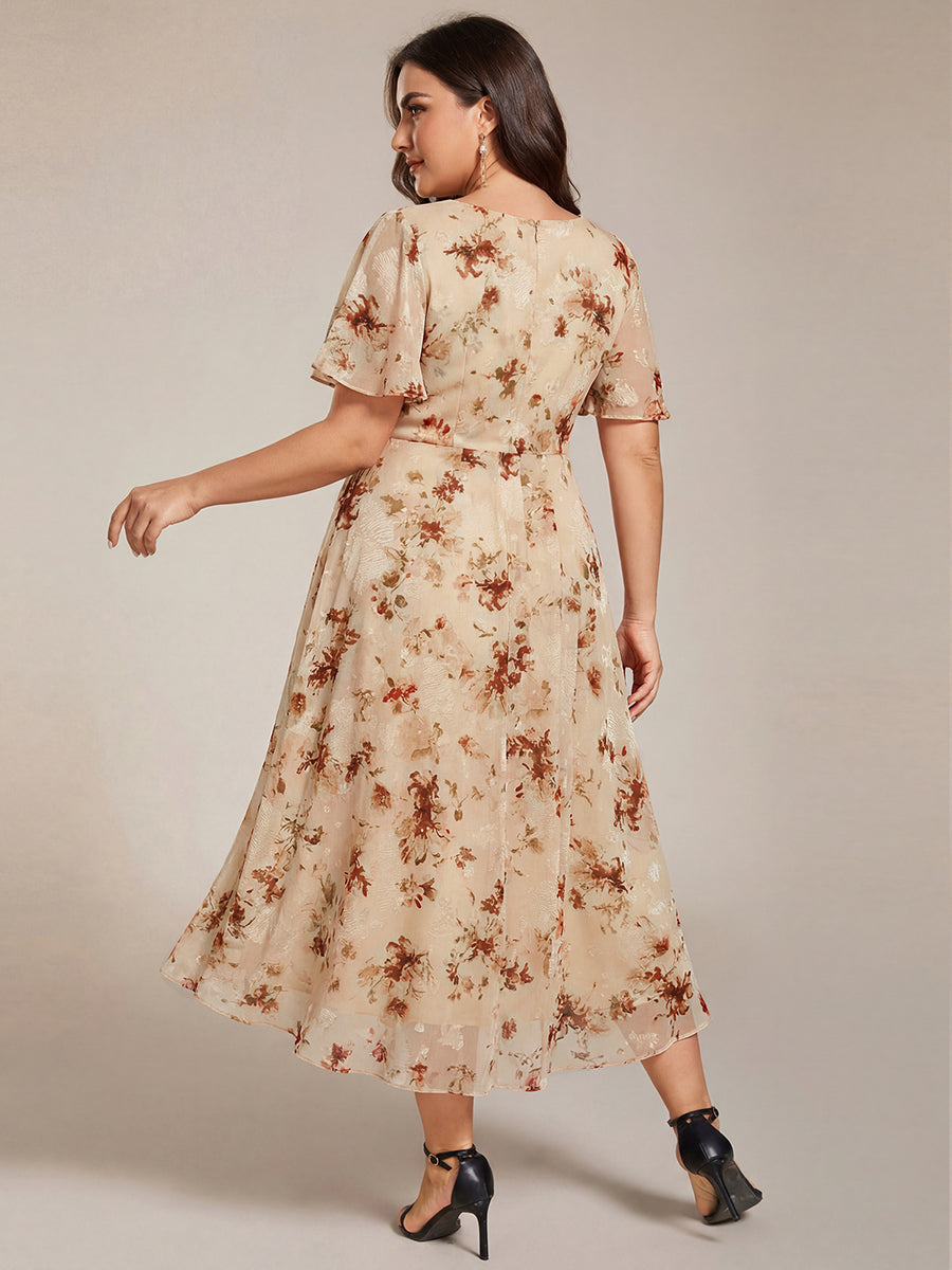 pretty LARK|Plus Size Chiffon Short Sleeves Pleated V-Neck A-Line Midi Wedding Guest Dress
