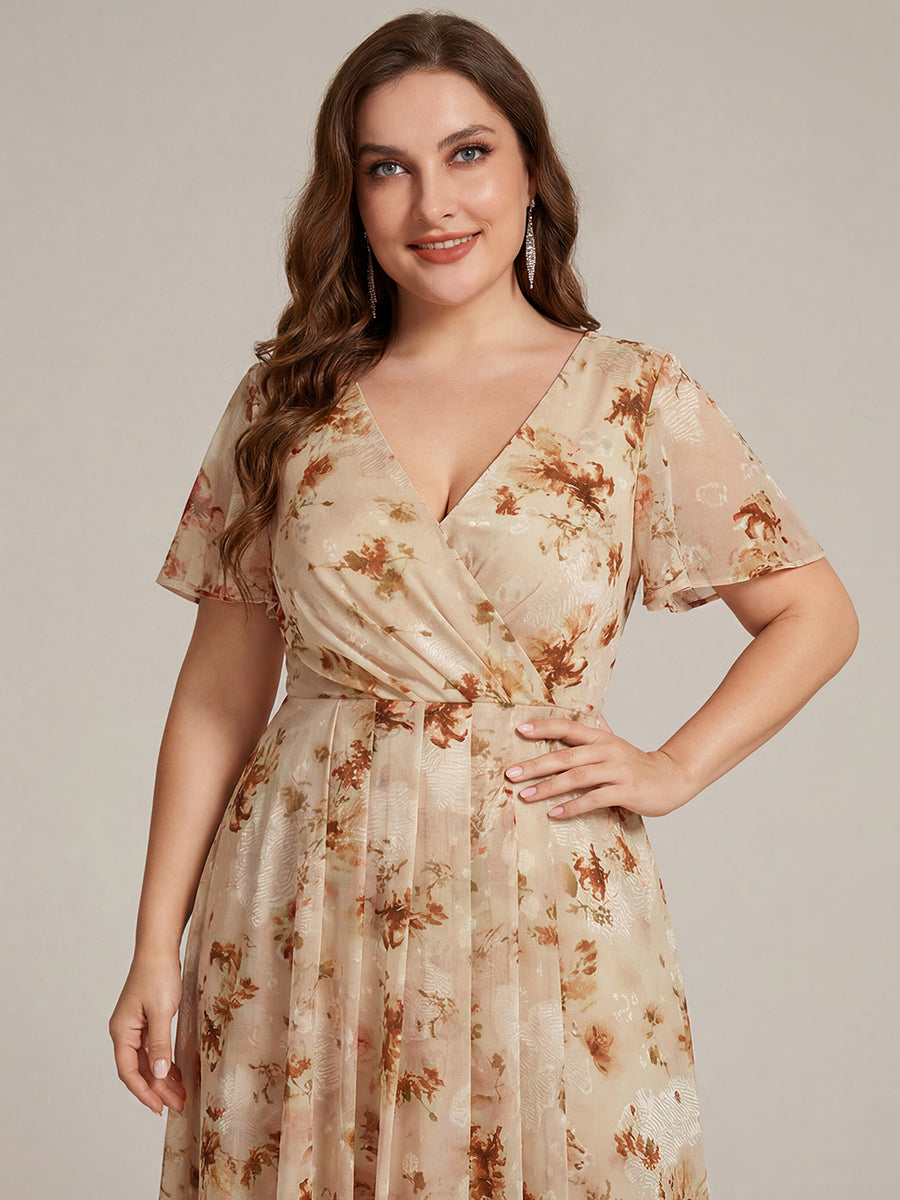 pretty LARK|Plus Size Chiffon Short Sleeves Pleated V-Neck A-Line Midi Wedding Guest Dress