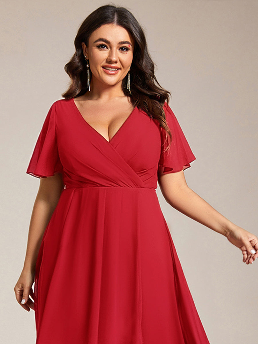 pretty LARK|Plus Size Chiffon Short Sleeves Pleated V-Neck A-Line Midi Wedding Guest Dress