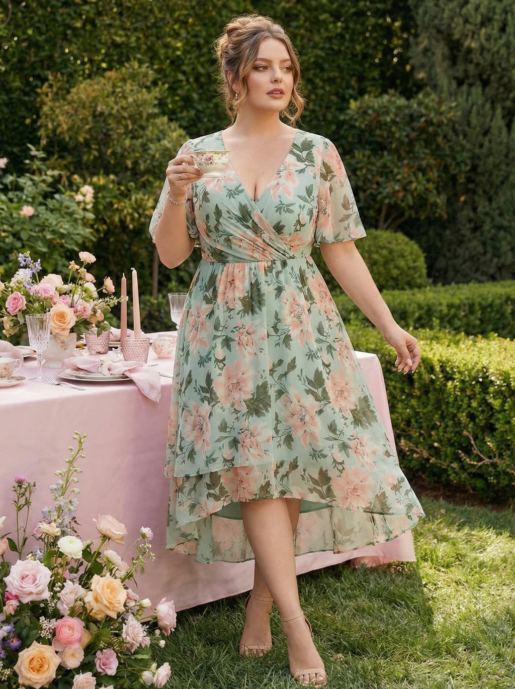 pretty LARK|Plus Size Chiffon Short Sleeves Pleated V-Neck A-Line Midi Wedding Guest Dress