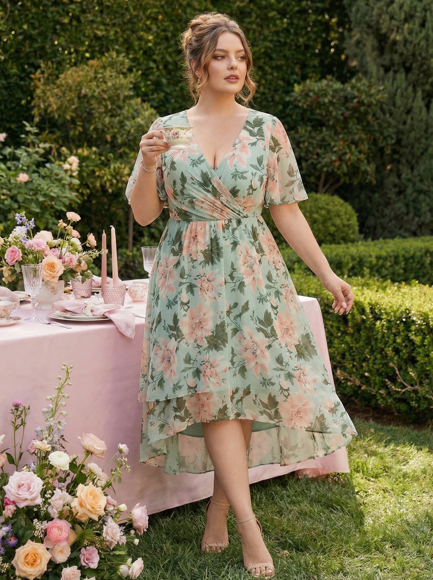 pretty LARK|Plus Size Chiffon Short Sleeves Pleated V-Neck A-Line Midi Wedding Guest Dress
